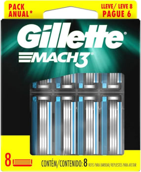 Gillette Mach3 Carga para Aparelho de Barbear Recarregável com 3 Lâminas Afiadas por Mais Tempo, 8 Uds