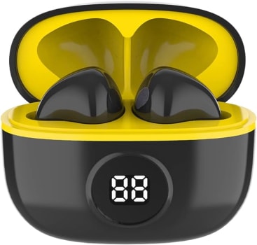 WB Fone de ouvido Bluetooth In-ear Mini IO, Sem fio, Display Digital, Bateria 20h, IPX4, Super Bass, Compacto, Touch sensível ao toque, Conexão automática, Amarelo