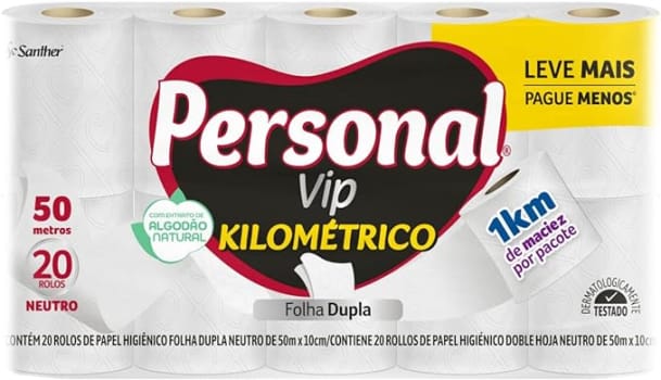 Personal Papel Higiênico Kilométrico Folha Dupla, Com 20 Rolos 50M