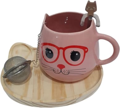 Kit Caneca De Chá Com Infusor E Colher Patinha Gato Gatinho (Rosa)