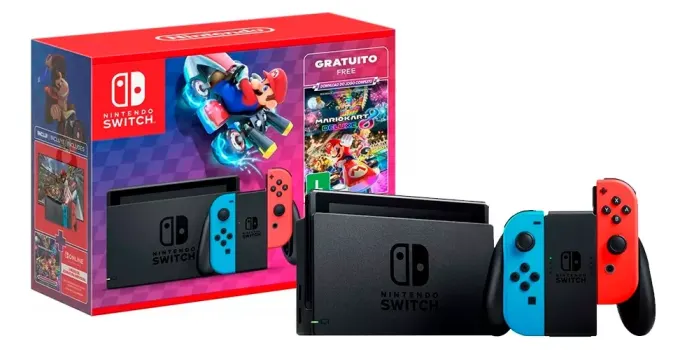 Clientes Meli+ — Console Nintendo Switch + Joy-Con Neon + Jogo Mario Kart 8 Deluxe + 3 Meses de Assinatura Nintendo Switch Online