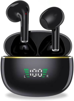 Fone de Ouvido Bluetooth sem Fio, 5.3 TWS UTBRX, Cancelamento de Ruidos, Compativel com Iphone e Android, Visor Led/Energia para 25 horas, Comandos Touch, Dynamic Gold