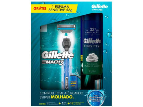 Kit Aparelho de Barbear Gillette Aqua Grip MACH3 - 1 Aparelho de Barbear 3 Carga 1 Espuma de Barbear