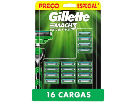 Carga para Aparelho de Barbear Gillette - Mach3 Sensitive 16 Cargas - Lâmina e Carga para Aparelho de Barbear - Magazine Ofertaesperta