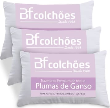 Kit 3 Travesseiros Fibras Toque Pluma de Ganso 100% Algodão Percal 300 Fios Premium Antialérgico 50x70cm - BF Colchões