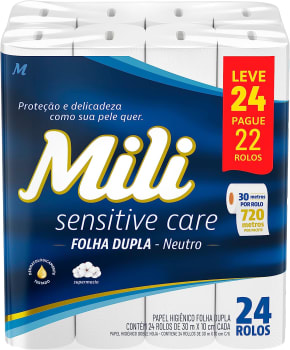 Papel Higiênico Mili Folha Dupla - 24 Rolos