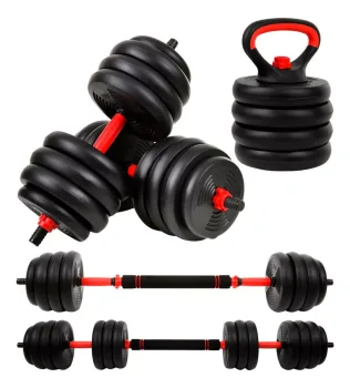 Kit Halteres 6 Em 1 Peso Musculação Até 40kg Ajustável Halter, Kettlebell, Anilha Cor Preto-Vermelho