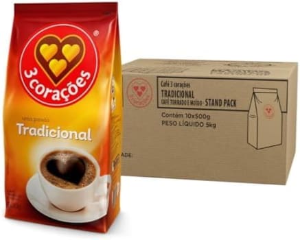 Pack de Café Torrado e Moído Tradicional, Pacote 500g, 10 unidades, 3 Corações