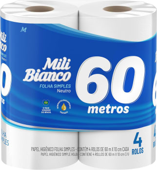 5 Unidades Papel Higiênico Mili Bianco 60m Folha SIMPLES Neutro - 4 rolos