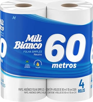 4 Pacotes- Papel Higiênico Folha Simples Neutro Pacote com 4 Rolos 60m Mili Bianco