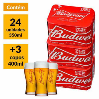 Kit Budweiser Pack 350ml (24 Unidades) + 3 Copos Bud 400ml