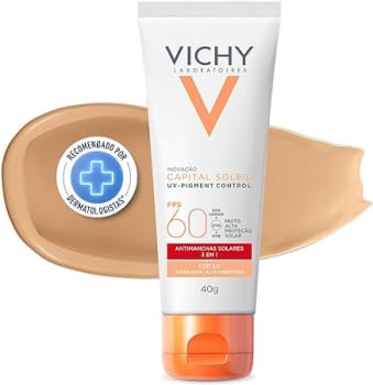 Vichy, Pigment Control, Protetor Solar Facial anti manchas com Alta cobertura, cor 2.0, Vitamina B3, Ácido Tranexâmico, FPS60, 40g