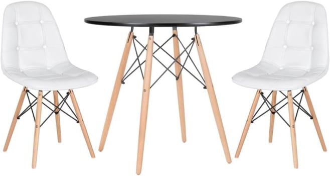 Loft7 Kit Mesa Eames Eiffel 80 cm (Preto) + 2 Cadeiras Estofadas Botonê (Branco)