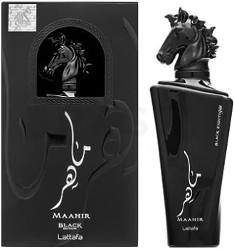 Lattafa Perfumes Eau de parfum Maahir Black Edition – EDP 100 ml; fragrância ousada e rica; com notas de sândalo, almíscar e baunilha; perfumaria árab